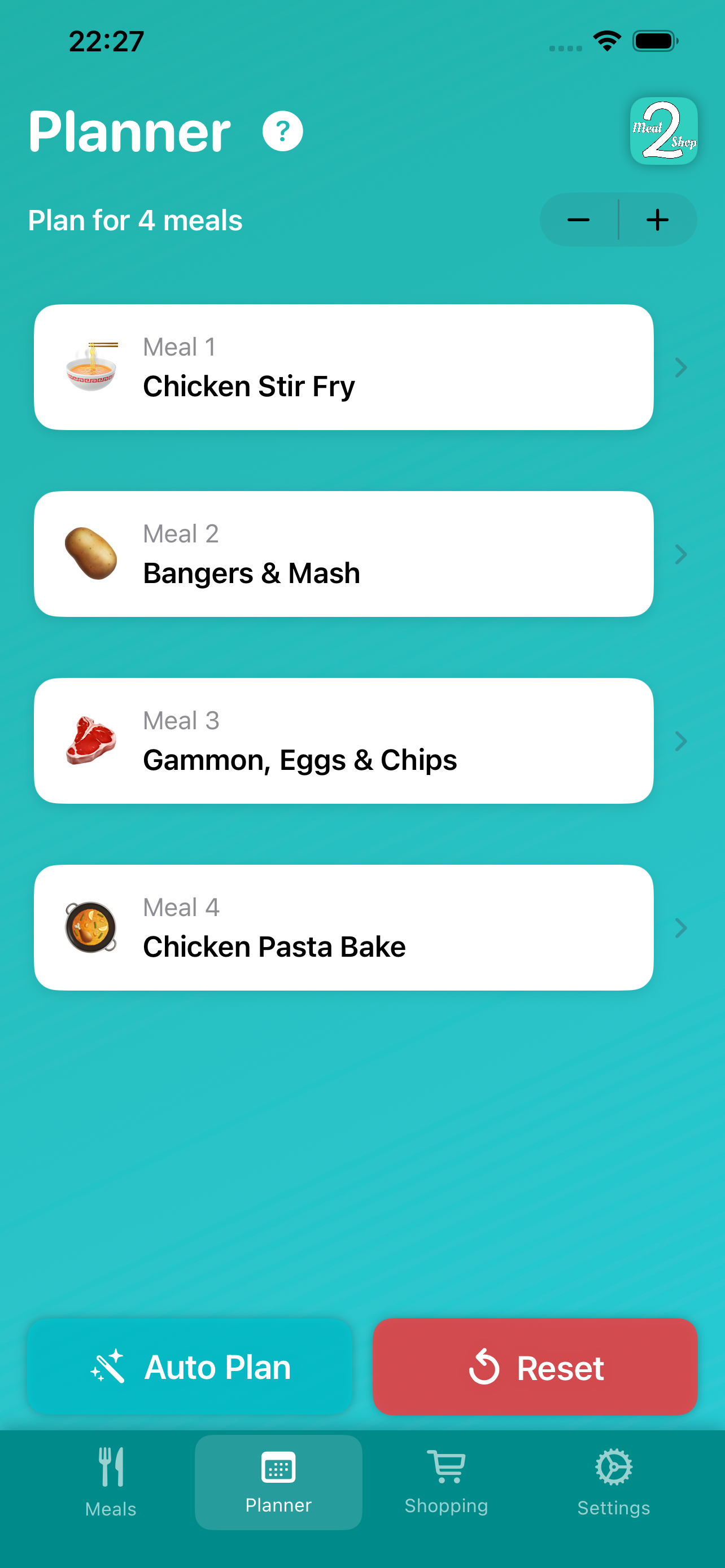 Auto meal planning screen