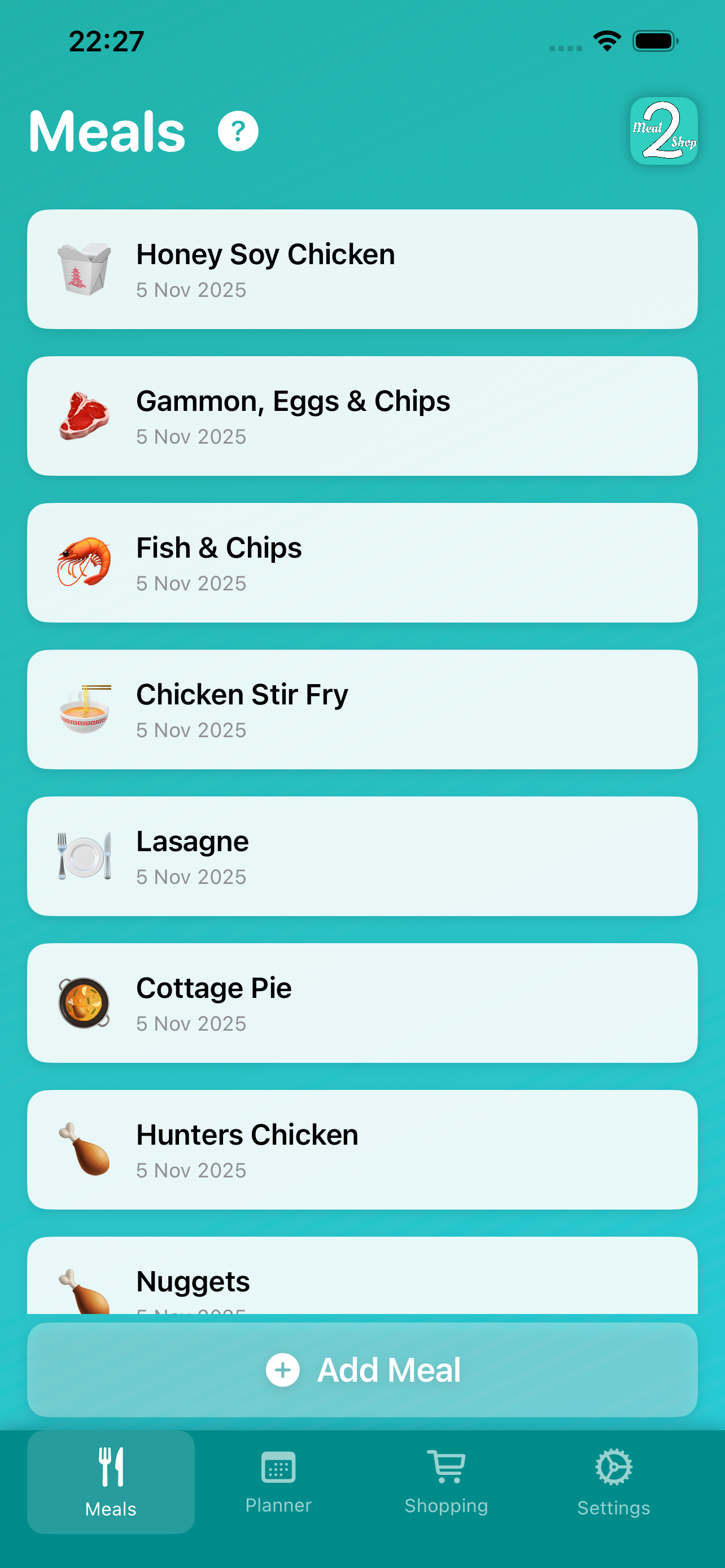 Create meals and add ingredients screen